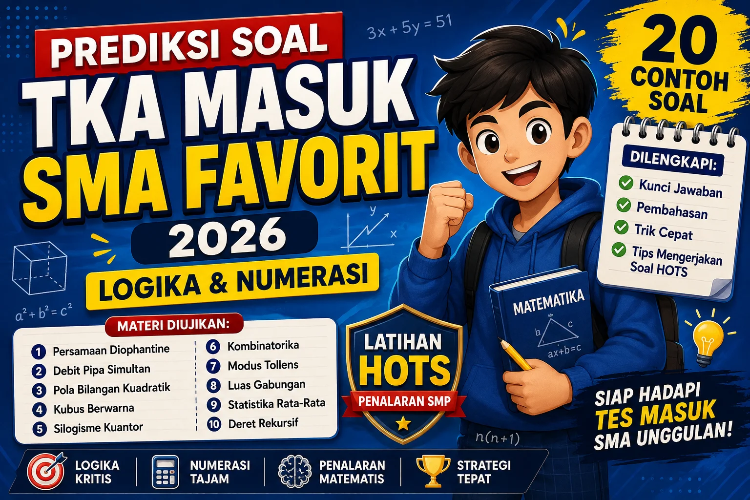 Prediksi Soal TKA Masuk SMA Favorit 2026 lengkap dengan 20 contoh soal logika, numerasi, penalaran HOTS, kunci jawaban, dan pembahasan.