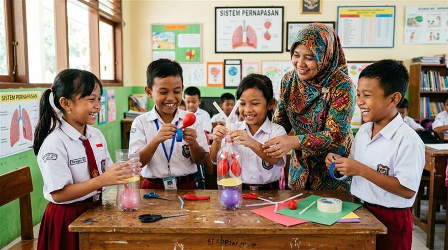 Siswa sekolah dasar melakukan eksplorasi sains dan eksperimen lingkungan alam sekitar