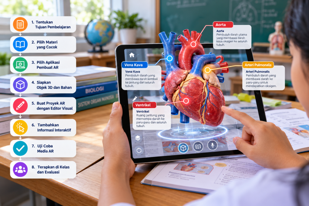 Ilustrasi 8 langkah membuat media pembelajaran berbasis Augmented Reality (AR) sederhana dengan visualisasi organ jantung 3D interaktif